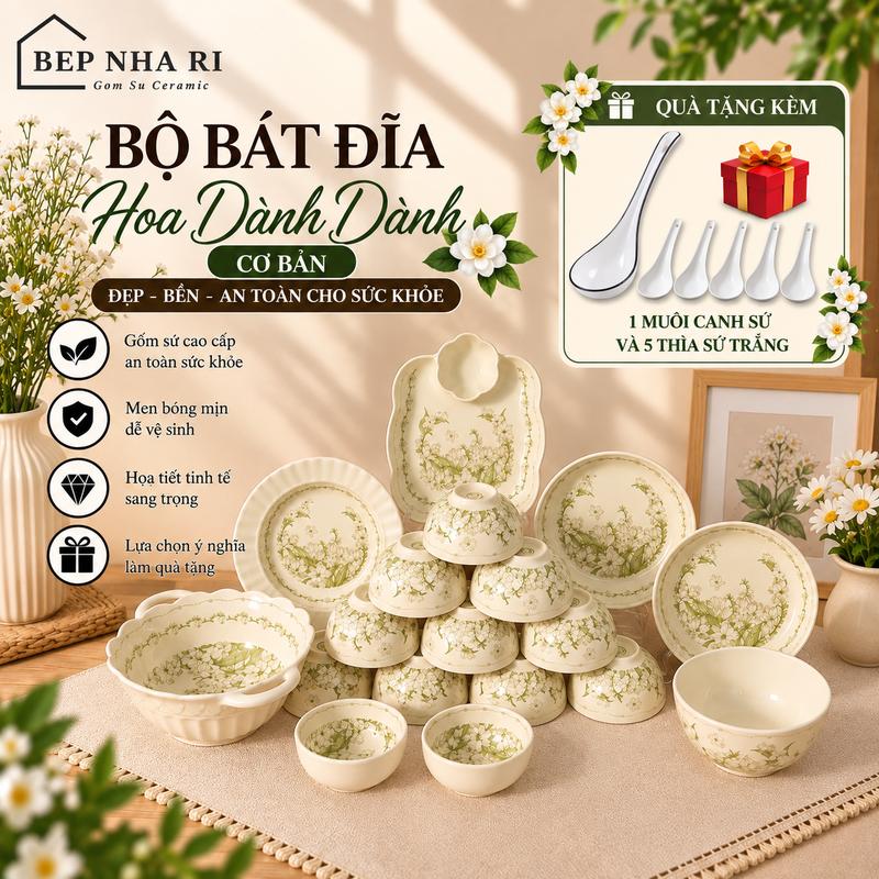 Bộ Bát Đĩa Gốm Sứ Họa Tiết Hoa Dành Dành CAO CẤP - Tone Xanh Pastel Nhẹ Nhàng,…