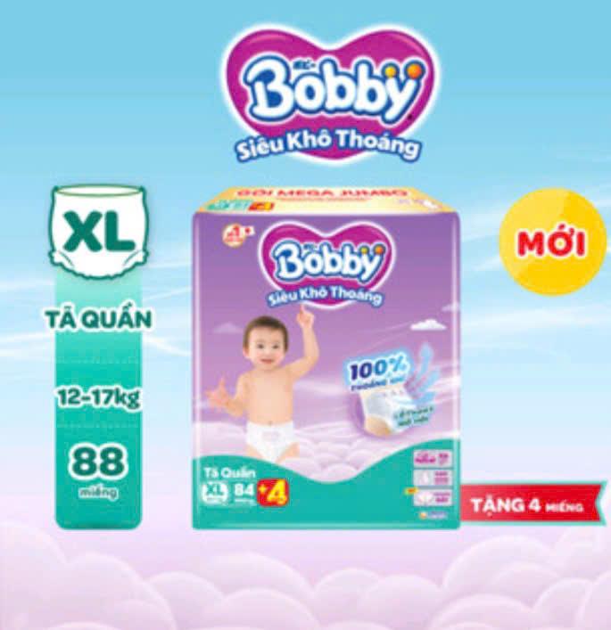 Bobby Tặng 4 Miếng Tả Quần Bobby XL 84+4 Miếng Em Bé Siêu Mỏng Giữ Thoáng Khí Hút Ẩm Khử Mùi Cho Bé Từ Sơ Sinh