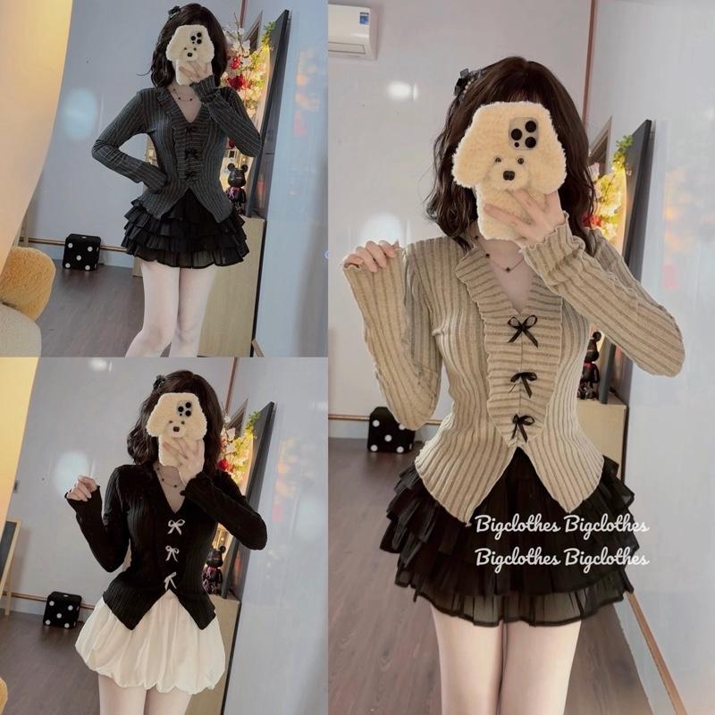   DEAL MỞ BÁN  Áo Thu Đông Dài Tay Phối Nơ BigClothes Áo Thun Gân Cổ V Thời Trang H07 