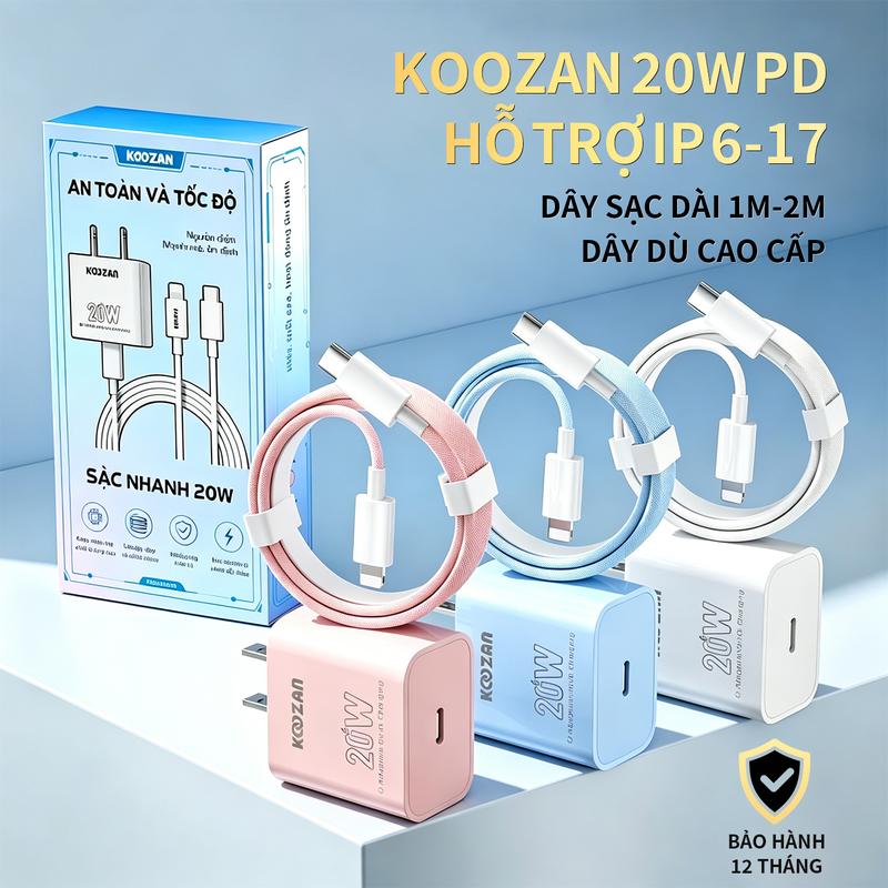 Sạc nhanh PD20W, Cáp sạc nhanh 1m/2m,Trắng / Xanh / hồng, Dây bọc dù, chắc chắn…
