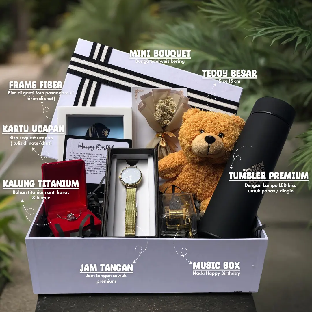Kado ulang tahun cewek hampers premium kalung titanium jam tangan box putih free kartu ucapan