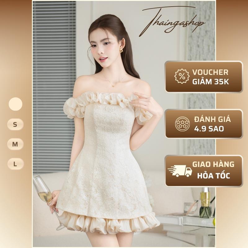  D1418 - Đầm Dự Tiệc Dáng Ngắn Trễ Vai Bồng Xòe Phối Lưới Mịn Cao Cấp Màu Kem Thanh Lịch size S M L Sang Trọng 