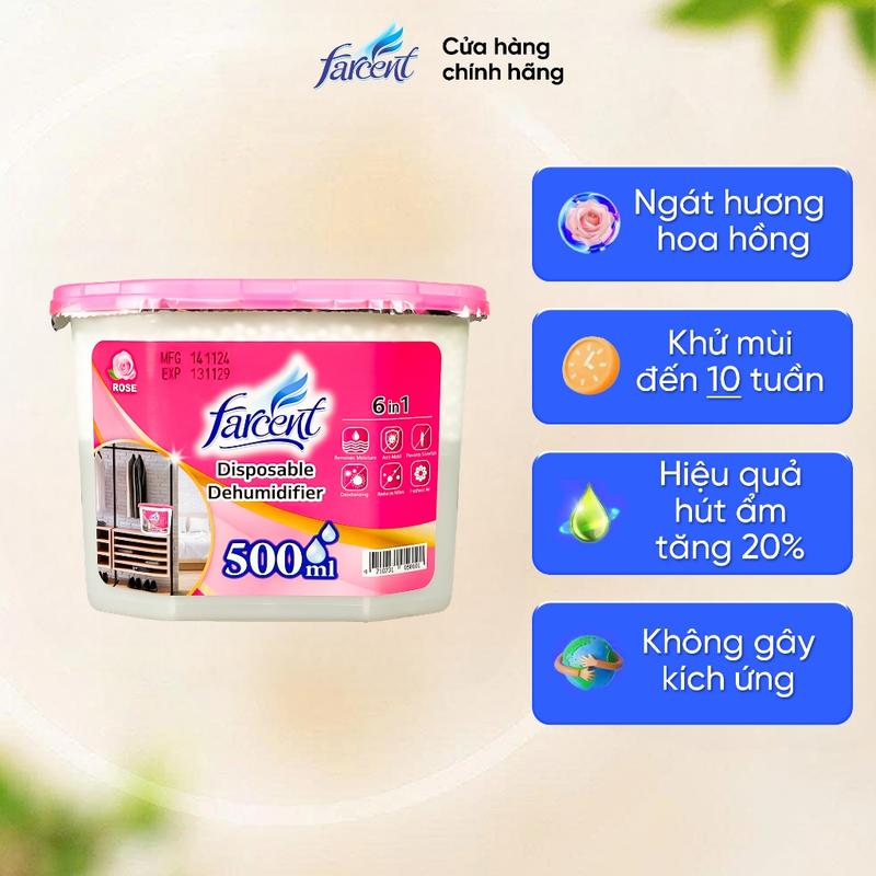 Hộp hút ẩm khử mùi, chống mốc chính hãng Farcent Hương Hoa Hồng/Oải Hương 500ml để tủ quần áo, tủ giày, toilet, xe ô tô