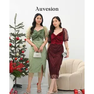 6240 Julie Shirred Slit Combi Velvet Brukat Midi Dress Pesta