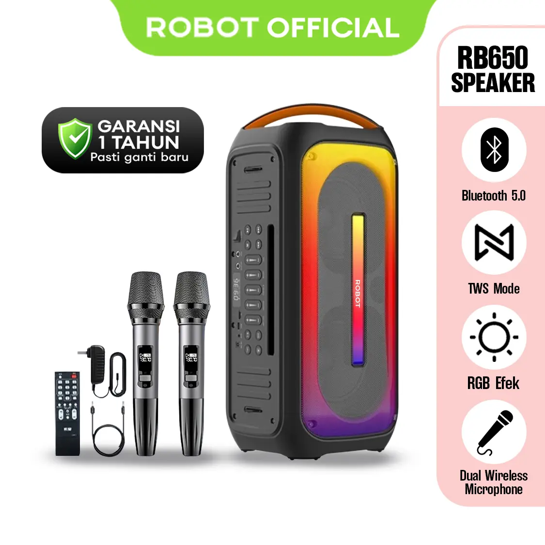 ROBOT Speaker Karaoke RB650 RGB Daya 50W Bluetooth 5.0 TF USB 3.5mm AUX Dual Wireless Microphone Garansi 1 Tahun Super Bass Efek Pencahayaan Dinamis