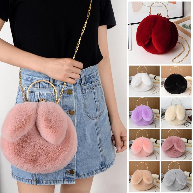 Túi Đeo Chéo Nhồi Bông Thiết Kế Hình Thỏ Dễ Thương, Túi Xách Nhồi Bông Phong Cách Mới, Kẹp Tai Hình Thỏ 0