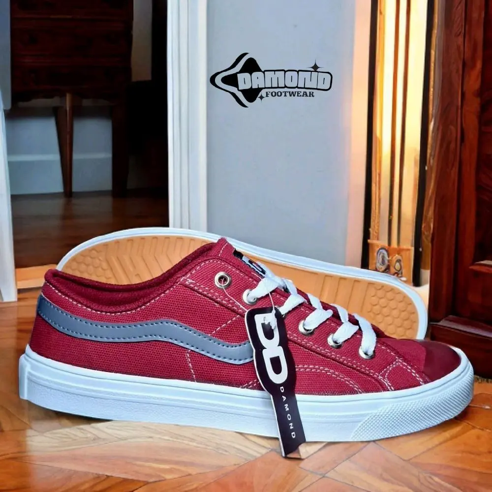 Sepatu sneakers kasual  COD unisex bahan kanvas warna Merah maroon strip abu sol karet anti slip Damond street Casual Shoes Sneakers Pria