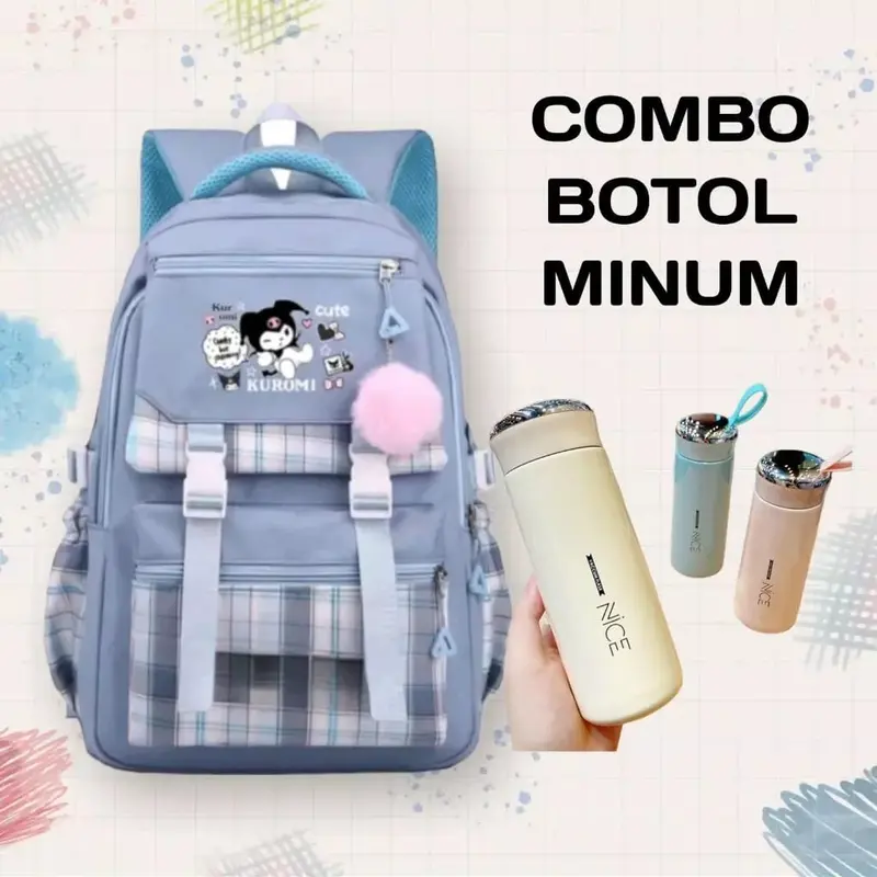 Tas Ransel Anak Perempuan Kuromi Bags Tas Sekolah Free Botol Minuman Nano Spay Jam Tangan Gantungan Lucu BISA COD Fashion Sekolah Wanita Aksesoris 6