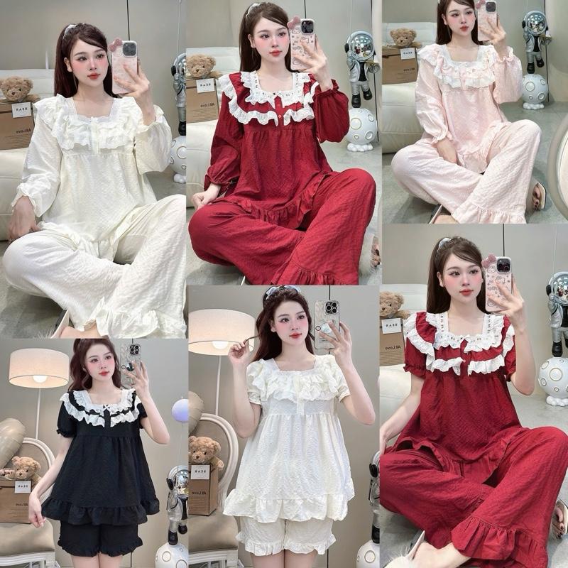 Bộ Ngủ Mặc Nhà JUSOKA Cổ Ren Phối Nơ Chất Đũi Gạo Siêu Dễ Thương DU05 Nhiều Màu Dễ Thương - Dành Cho Nữ - Quần Áo Ngủ Women