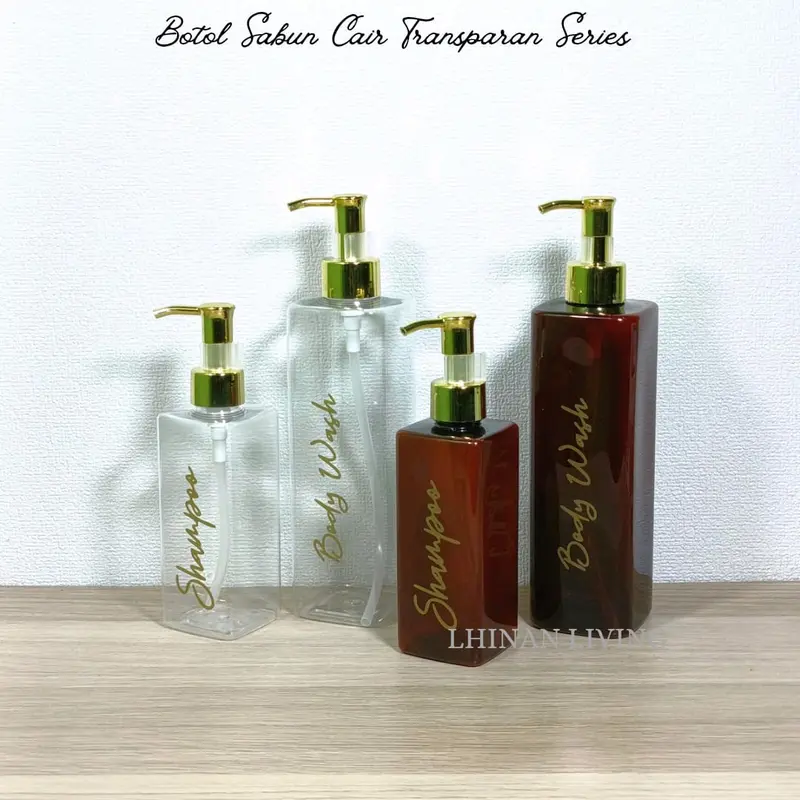 Botol Sabun Cair Aesthetic Kotak Transparan & Amber Glosy Gold dengan Pump Gold Luxury - Plastik 1