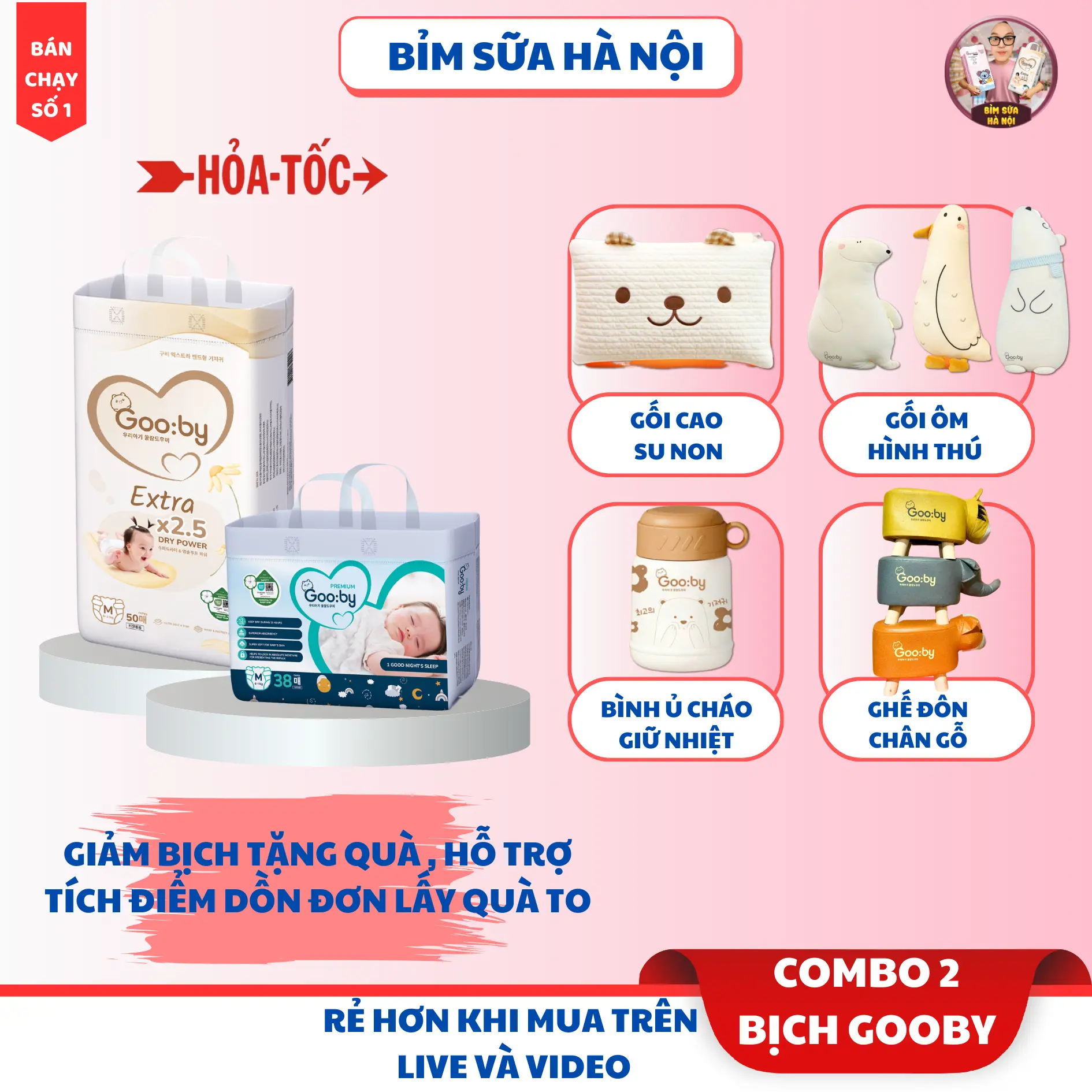 (Kèm Quà) Combo 2 Bịch Tã/Bỉm Dán Quần Gooby Đêm Hàn Quốc cho bé Đủ size NB/S/M/L/XL/2XL/3XL Kem Balo