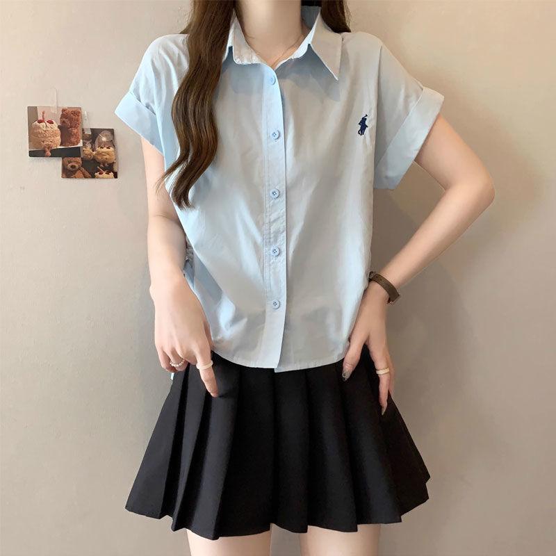 Áo Sơ Mi ngắn Tay Thiết Kế Dây Rút Phong Cách Hồng Kông, Ngọt Ngào Và Ngầu, Cổ Polo Thêu, Dành Cho Nữ, Trang Phục Mùa Hè, Áo Cardigan Không Đều Thanh Lịch 2