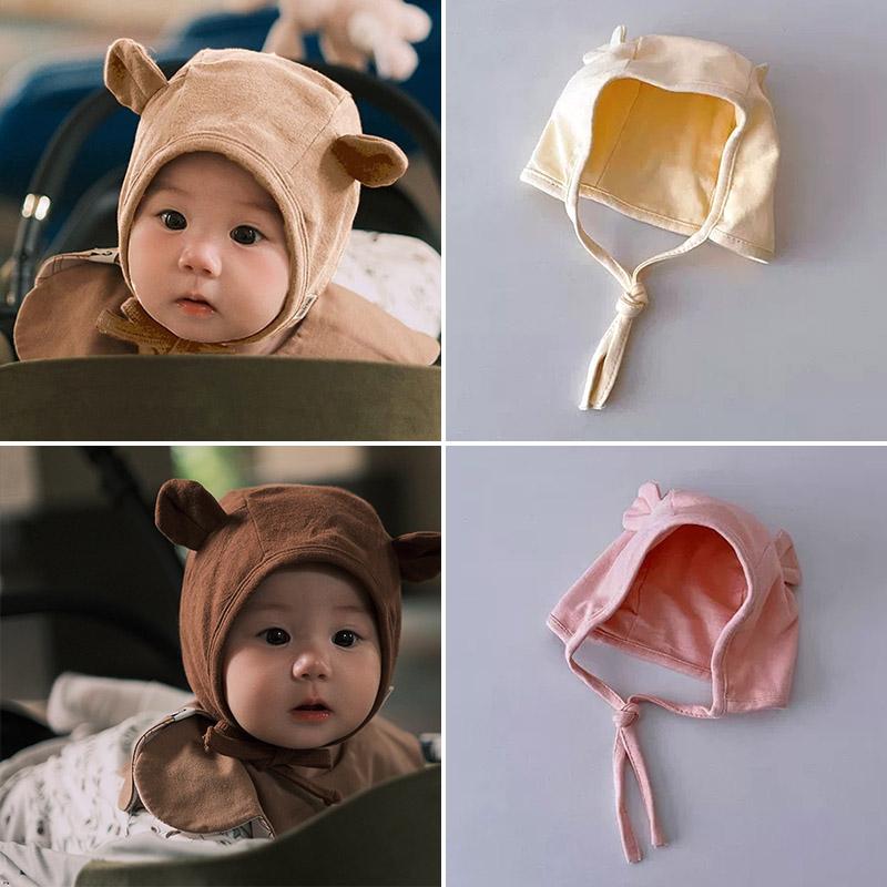 Mũ Em Bé Tai Gấu, Dễ Thương, Màu Trơn Làm Bằng Bông, Mũ Bảo Vệ Tai Sơ Sinh, Mũ Len Buộc Dây Thoải Mái Cho Trẻ Sơ Sinh