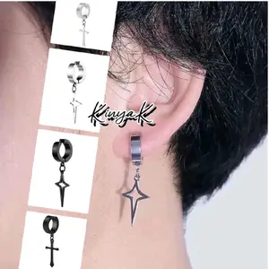 Anting-Anting Jepit Bintang Gantung Hitam & Putih untuk Wanita dan Pria Desain Elegan dan Modern juntai korea hoop rantai earrings Bahan Jepit Bintang Gantung Warna Hitam silver