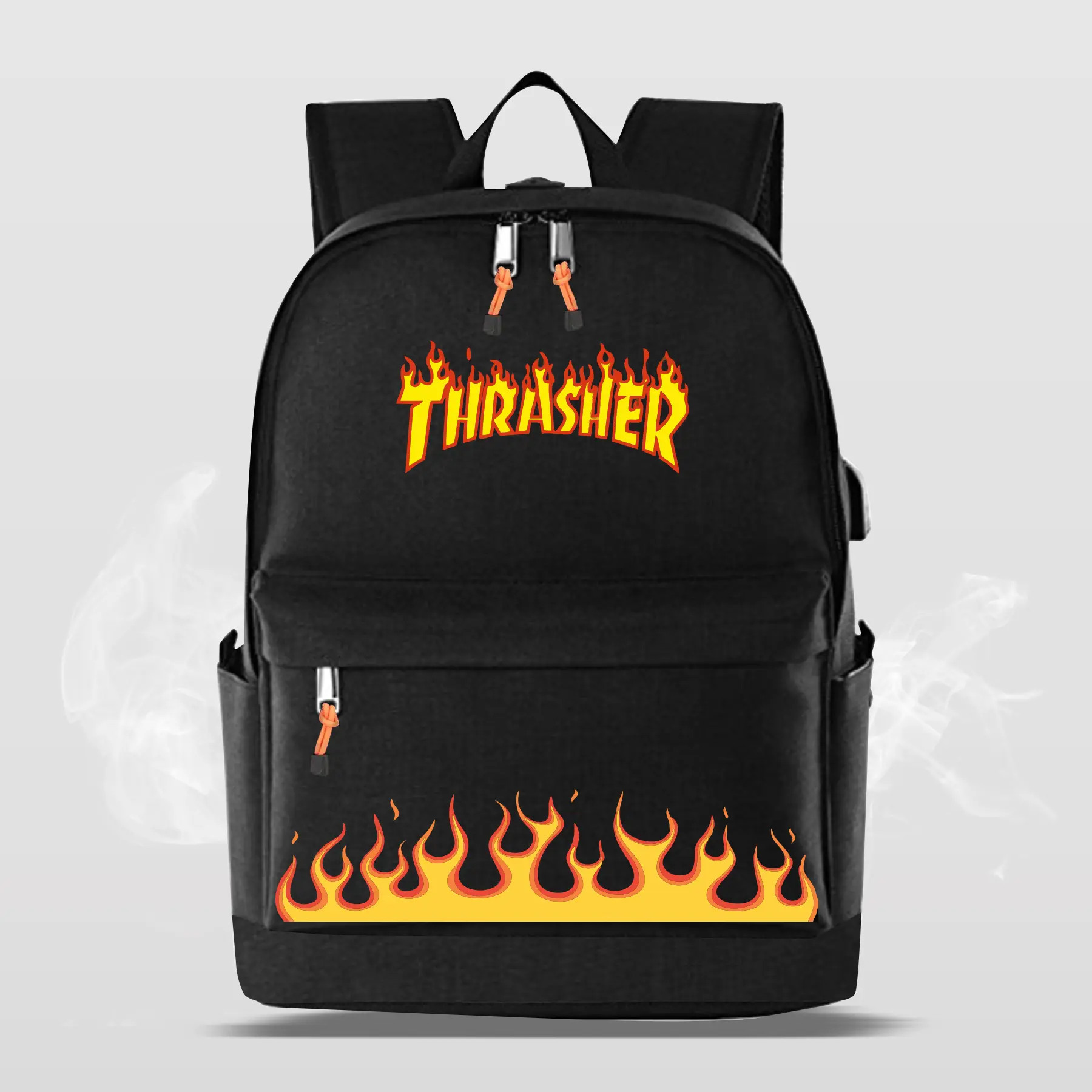 Tas Ransel Distro Pria Wanita Motif Api Thrasher Trendy Backpack Fashion Anak Sekolah SD SMP SMA Terkini