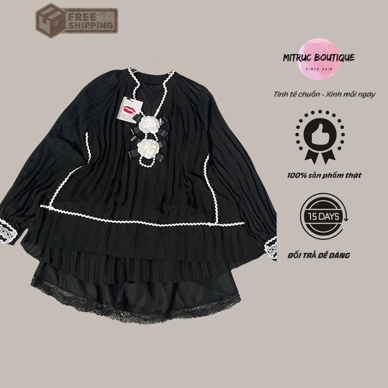 S333 Set babydoll cổ V dập ly tơ tằm tay dài và chân váy xoè - MITRUC Nữ Women