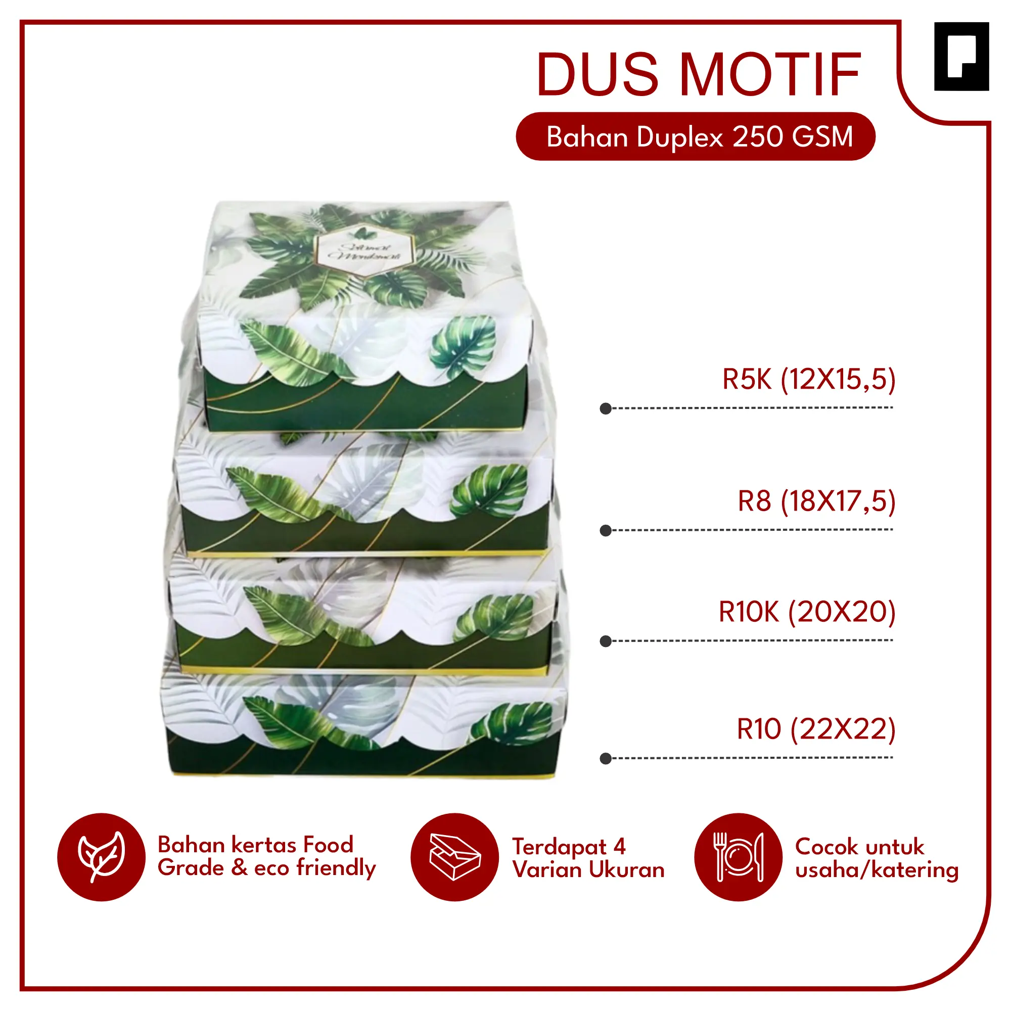 Box Nasi Kotak Motif Green Tropical Dus Catering Wadah Roti Kue Makanan Per 10 Pcs