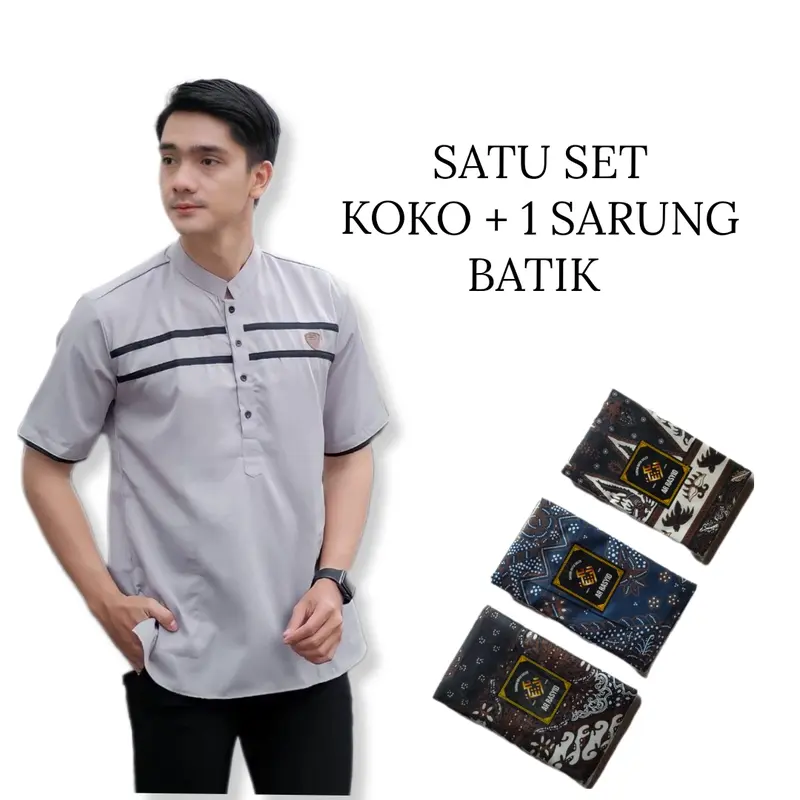 MANGUNA SATU SET BAJU KOKO KURTA LIST 2 DAN SARUNG BATIK DEWASA BAHAN ADEM TEBAL 1