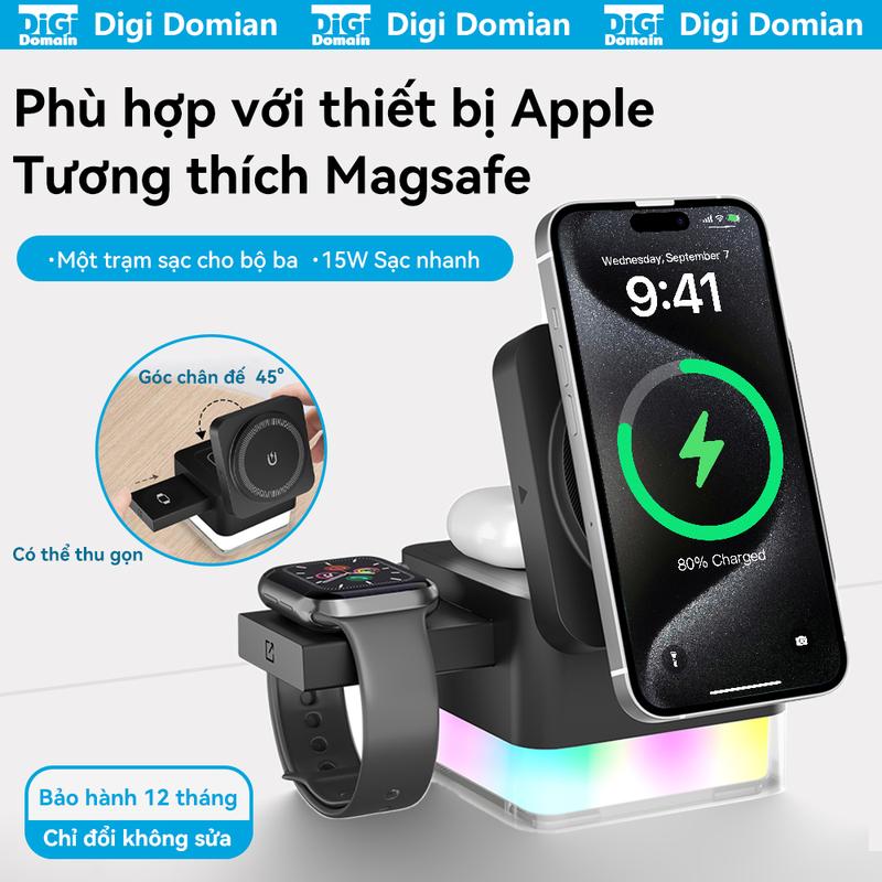 Giá Chân Đế Sạc Hình Khối Lập Phương 3 Trong 1 Tương Thích Với MagSafe Giá Chân Đế Sạc Nhanh Tối Đa 15W Giá Sạc Không Dây Có Thể Gập Lại Thích Hợp Cho iPhone 17 16 15 14 13 Apple Watch S1-11 Ultra AirPods