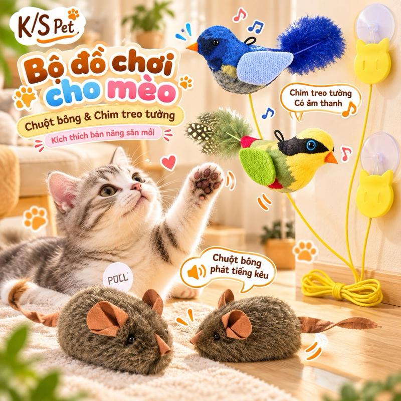 Chuột Bông Phát Tiếng Kêu & Chim Bông Treo Tường Có Âm Thanh Kích Thích Bàn Nâng Săn Mồi - K/S Pet Đồ Chơi Cho Mèo K/S Pet