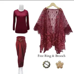 Paket 5in1 - Oneset Outer  Cardigan  Brukat tile dan Rok Lilit kebaya Modern Renda