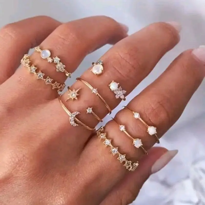Cincin Vintage Gold Crystal | Ring Bohemian Moon Star | Rings Women Finger | Ring Wedding Retro Emas Perempuan Titanium 0