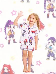 Conjunto de ropa infantil de 2 piezas para dormir: camiseta de manga corta y shorts con estampado colorido de estrellas de personajes de caricatura K‑pop, cuello suave y cómodo, bolsillo pequeño y cintura elástica; ropa casual diaria para casa.