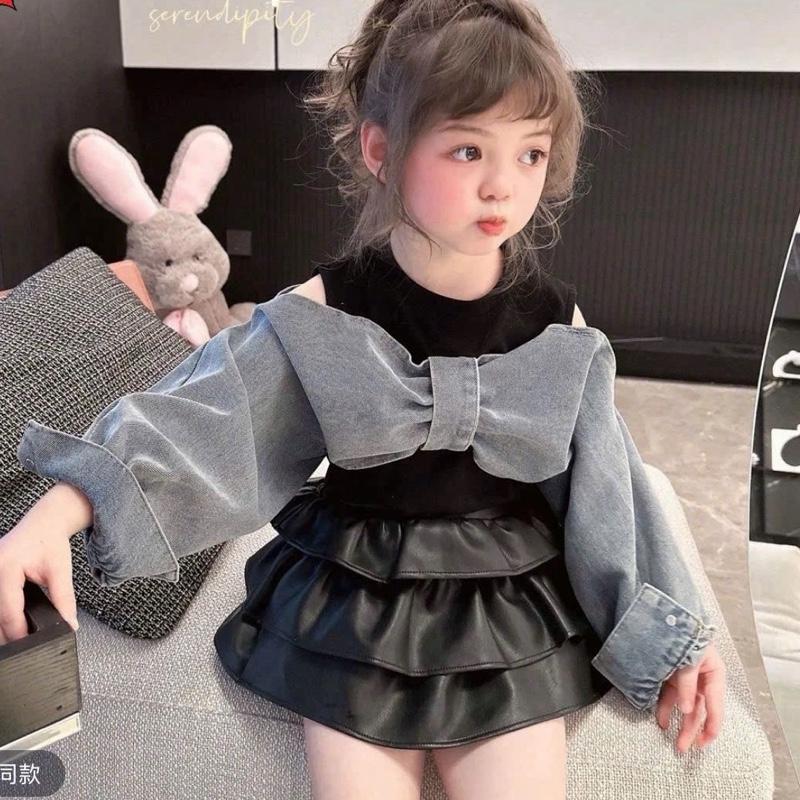  S468- Set bộ áo bò jean nơ kiểu xinh đẹp. Kèm chân váy da tầng xinh đẹp dành cho bé gái  8-30kg  