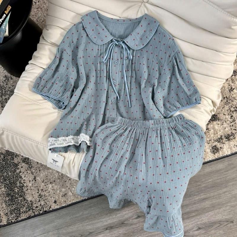 Set bộ cộc dài cổ sen xanh chấm bi đỏ chất xô musline by Channg Bee 5
