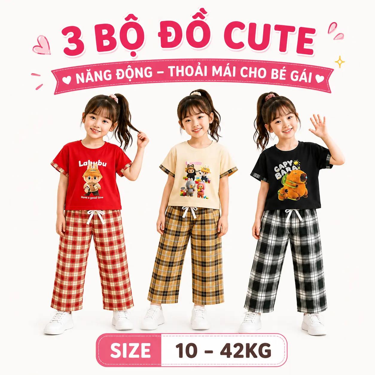 Combo 3 Bộ Đồ Bé Gái Quần Suông Sọc In Labubu (10-55kg) - Bộ Đồ Bé Gái Cotton Co Giãn Mềm Mịn