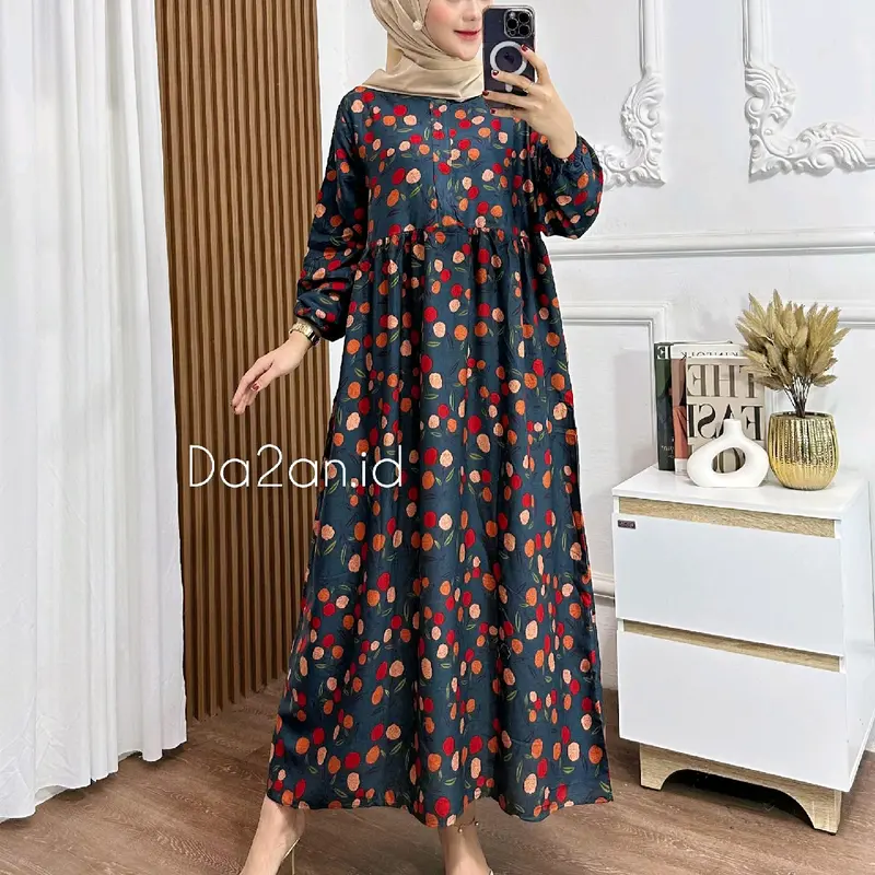 Midi Dress Flower Busui Friendly Santai A-Line Bunga Cantik Motif Nyaman Rayon Viscose Menyusui Muslim Zipper Gamis Dewasa Formal Ibu Karet Variasi Panjang Katun dress  vintage lebaran 4