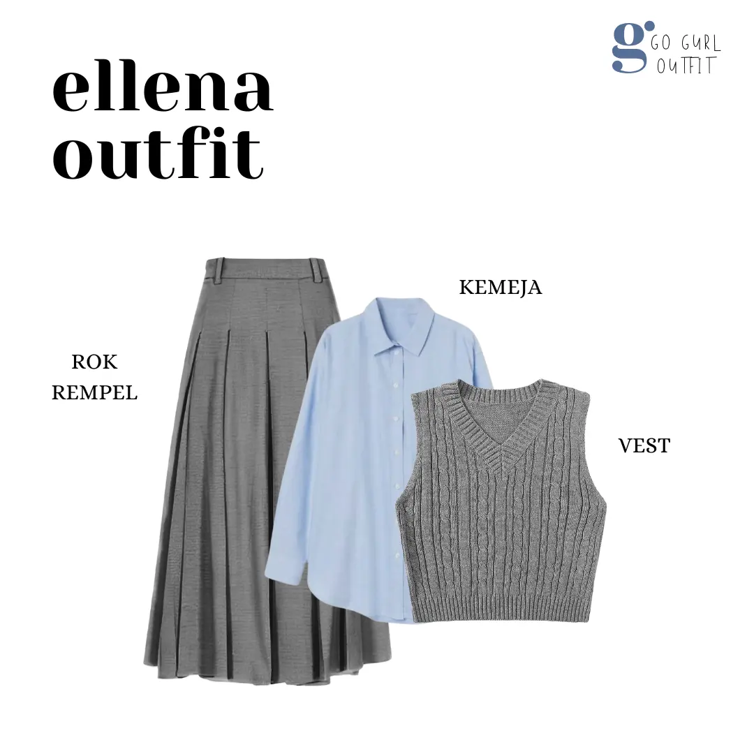 Setelan Outfit Yearbook (Kemeja Biru, Vest Abu, Rok Rampel) One Set American Style - GGO30