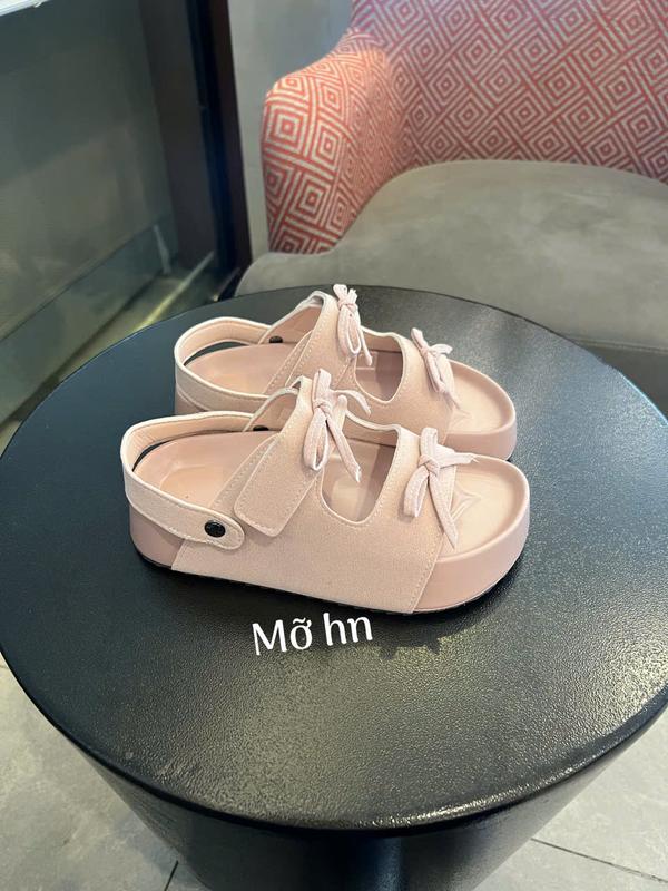 Dép sandal nữ chất da lộn thắt nơ xinh xắn đế cao 3-4cm