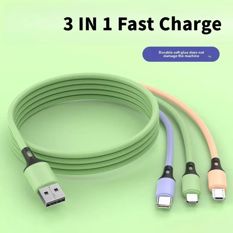 สายเคเบิลข้อมูลสามในหนึ่งเดียว, สายชาร์จ 3-in-1, ชาร์จเร็ว, สามหัว, เข้ากันได้กับ Apple iPhone, Android และ Type-C, สายโทรศัพท์มือถือ, การออกแบบหลายหัวของเหลว, ความยาว 1 ม.