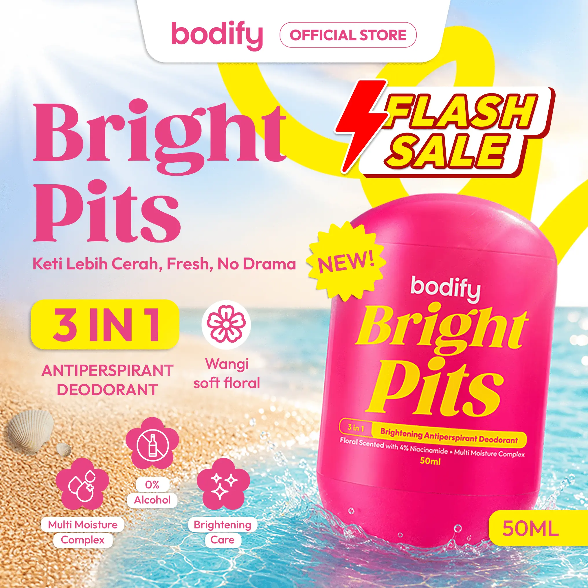[Flash Sale]BODIFY BRIGHT PITS 3in1 Brightening Antiperspirant Deodorant Roll On 50ml Pencerah Ketiak,Kulit Sensitif, Lawan Bau Badan,keringat
