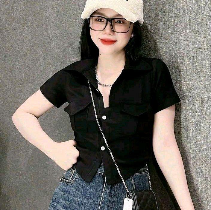 Áo sơ mi nữ chất thun co dãn cộc tay có túi 2 bên croptop ôm dáng dễ thương 0