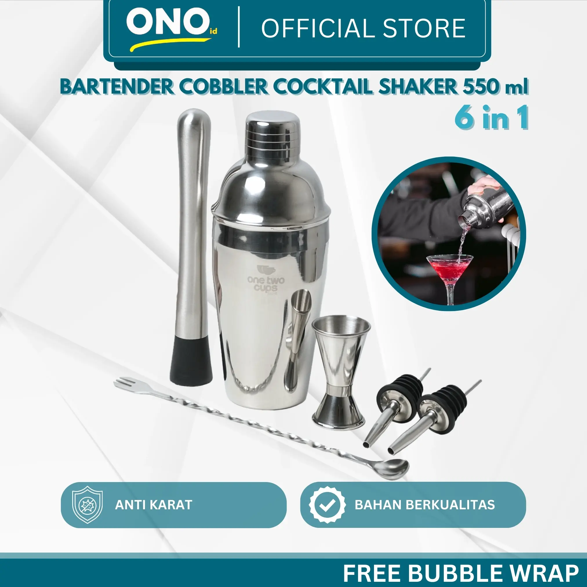ONOID Bartender Shaker 6 in 1 Cobbler Cocktail Jigger Bottle Pourer Muddler Set Bar 550ml Silver