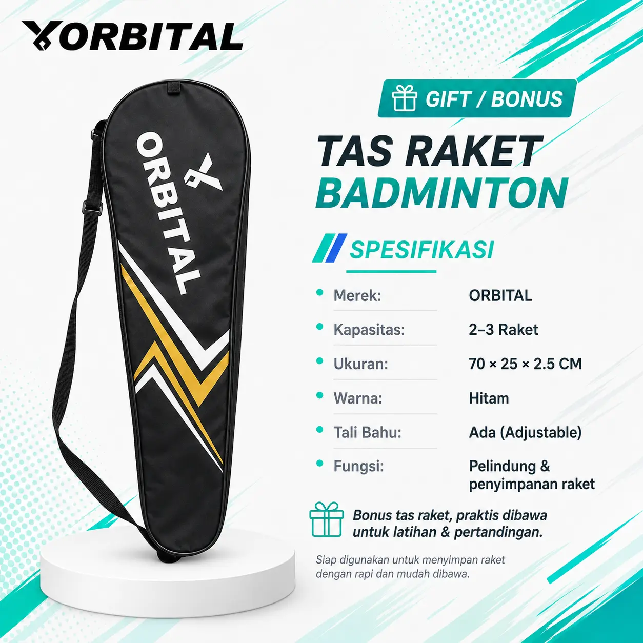ORBITAL Tas Raket Badminton 2–3 Raket dengan Tali Bahu Adjustable, Cover Pelindung Raket Hitam