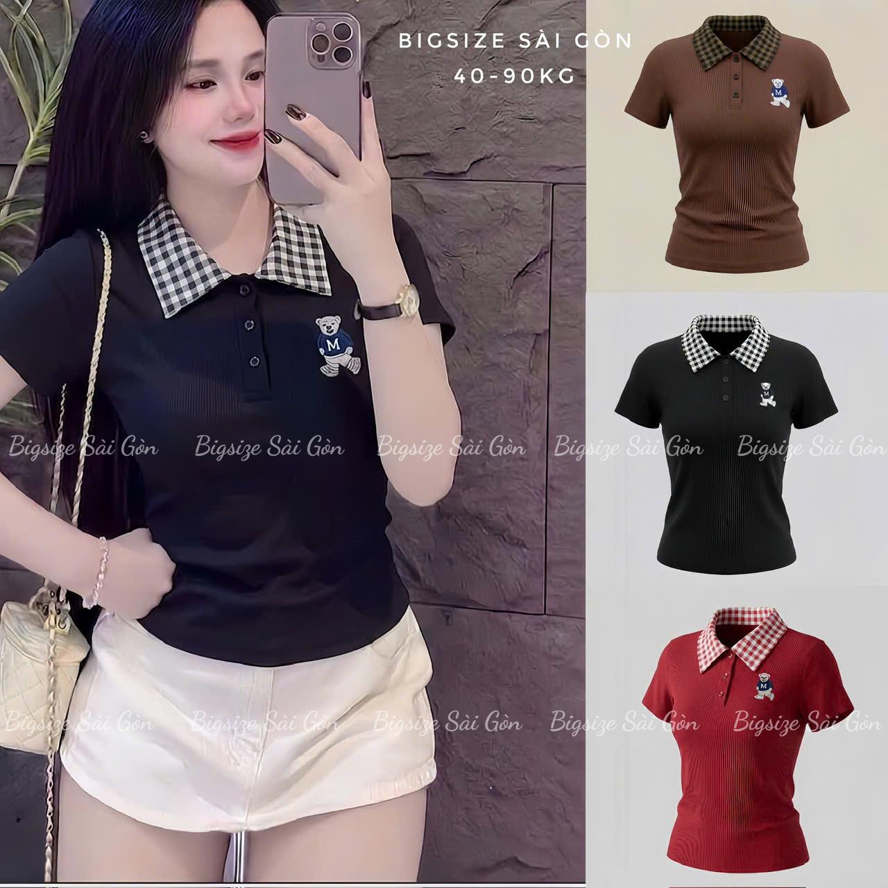 Bigsize Sài Gòn Áo Thun Polo Nữ Cổ Caro Phối Thêu Gấu Vải Thun Gân Tăm Cao Cấp Thanh Lịch Bigsize 45–90kg Dễ Thương Nữ Women Top Nhung - B.1795