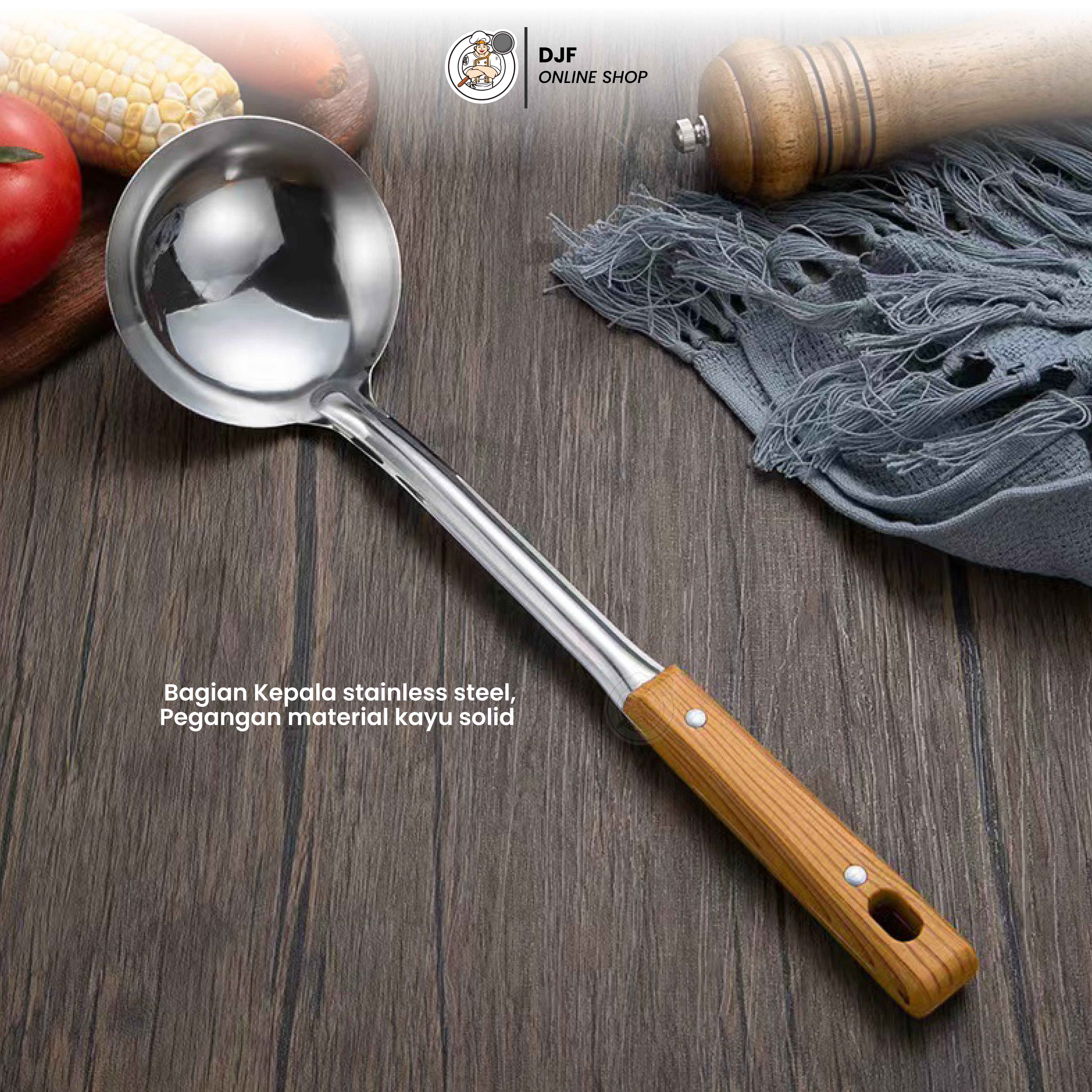 (1set isi 3pcs) Alat Masak Stainless Steel Gagang Panjang Kayu Irus Sodet Skimmer Kuat Tebal Tahan Lama Anti Panas