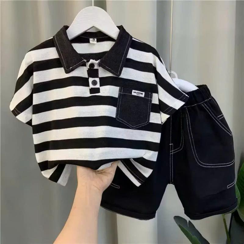Set đồ polo bé trai hoạ tiết sọc đen trang kết hợp quần giả jean cao cấp-Gấu- Mã Polo kẻ đen trắng