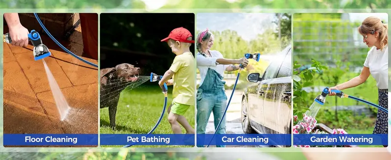 Product Introduction of Retractable Hose Reel. Garden Water Hose with 10-Function Sprayer Nozzle. Length Lock. Auto Rewind. 180° Rotate. (5/8" x 82 FT)/(1/2" x 125 FT). Yard Cleaning. Plant Watering. Car Washing and Lawncare 3