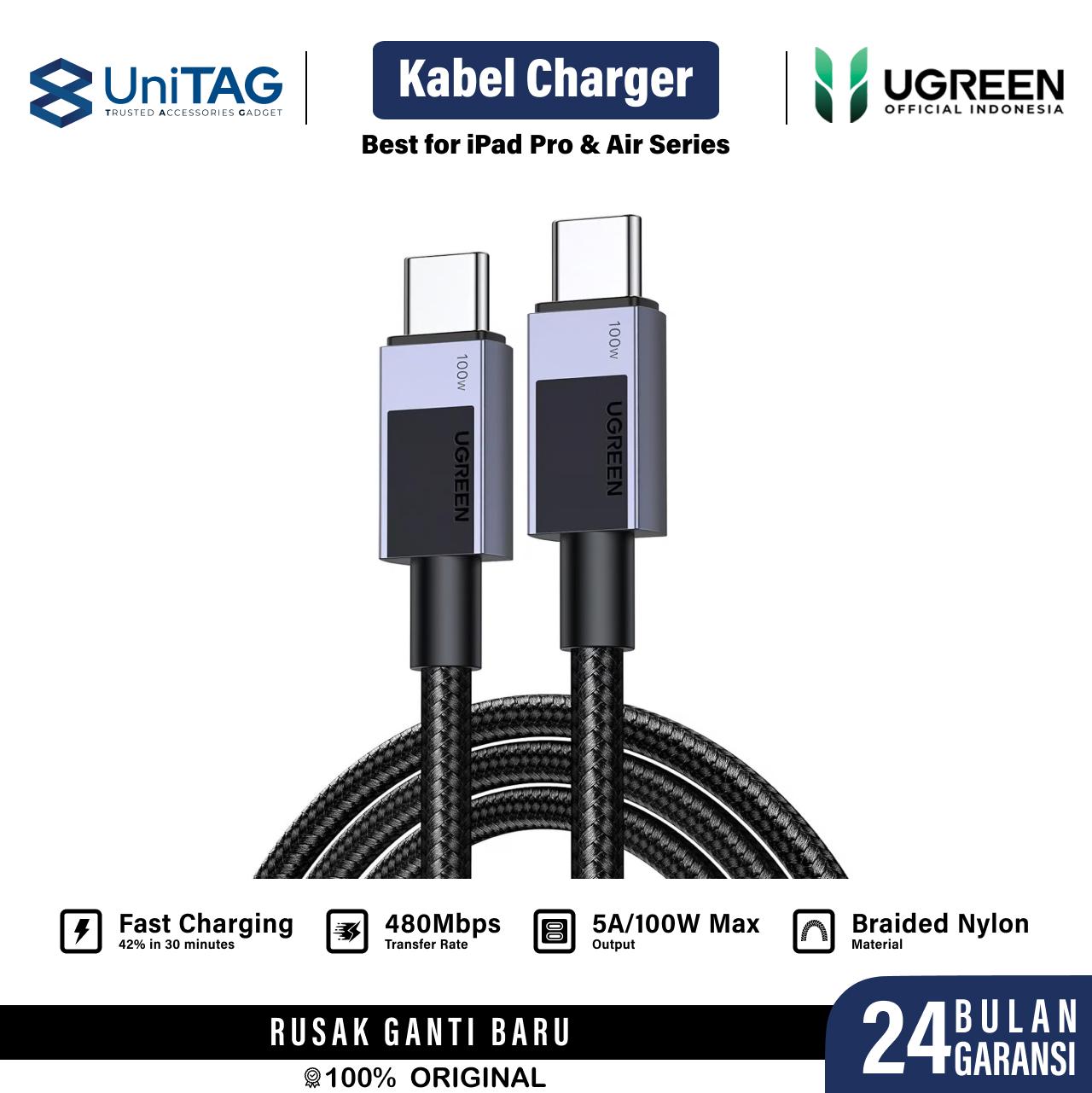UGREEN Kabel Charger USB C - USB C 100W Braided 1m - White US316 25067