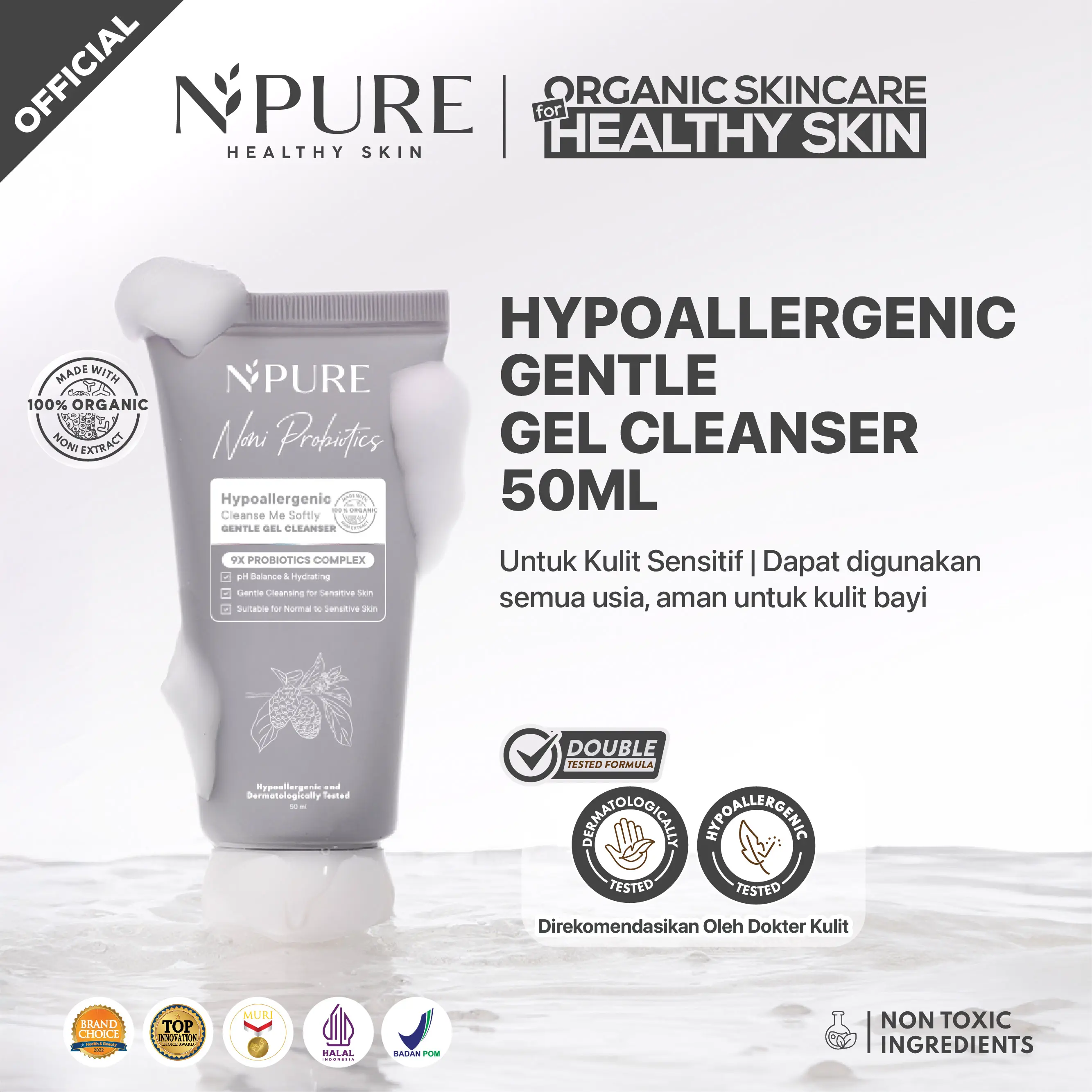 NPURE Cleanser Gel Noni Mini / Cleanse Me Softly / Gentle Skin Cleanser / Pembersih Wajah Hypoallergenic / Sensitive Approved / Eczema / Semua Jenis Kulit / ph Balance / Travel Size Ceramide Extract Facial Kering Membersihkan