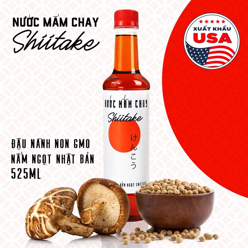 Nước mắm chay cao cấp Shiitake ủ chượp từ đậu nành, nấm ngọt Shiitake và trái thơm, chai nhựa 525ml