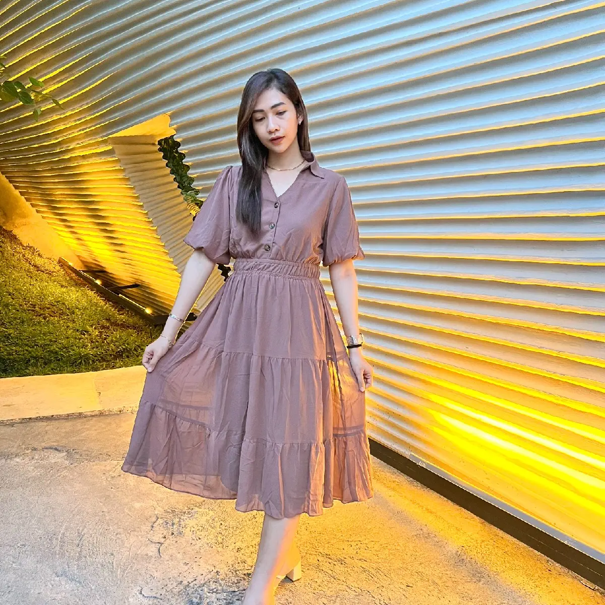 Ceruty Sleeve Midi Dress - Midi Dress Vneck Lengan Pendek Korean Style