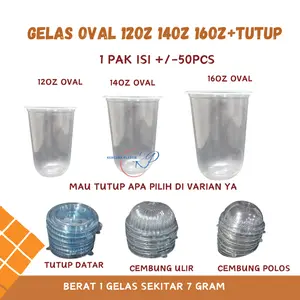 Gelas Plastik Oval 12oz 14oz 16oz Isi 50 Pcs | U Cup PP + Tutup