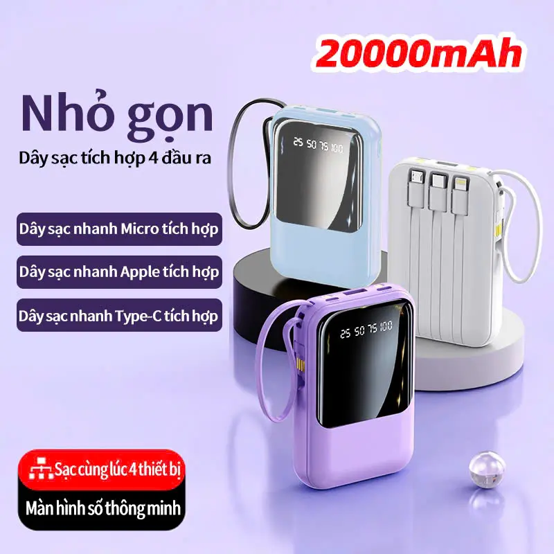 Bộ sạc dự phòng dung lượng lớn 20000mAh sạc nhanh tích hợp 3 cáp sạc màn hình LED phụ kiện điện thoại pin dự phòng thích hợp cho nhiều loại điện thoại di động