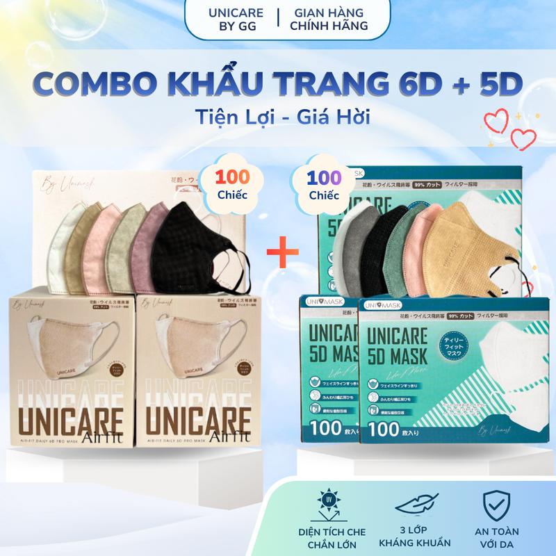 Combo Cặp Đôi 100c 6D + 100c 5D | Combo Khẩu Trang Dành Cho Gia Đình Cặp Đôi Unicare | Vải Không Dệt Kháng Khuẩn Hạn Chế Bụi Mịn Giọt Bắn Dây Đeo Co Giãn Chất Mềm Mại Chống Tia UV Mix Màu Phụ Kiện Nam Nữ