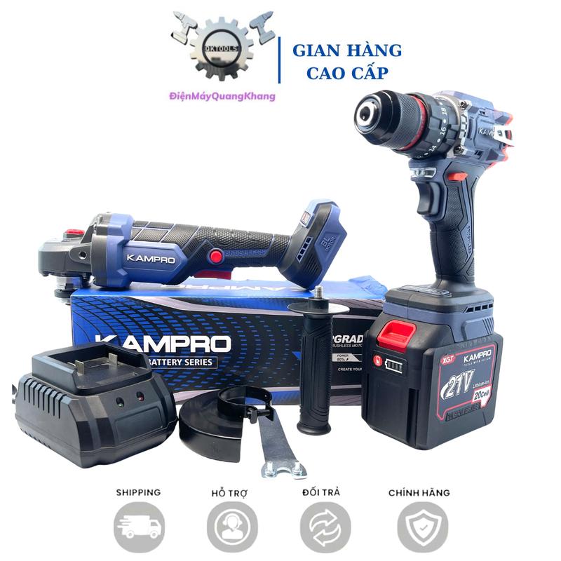  Máy Mài KAMPRO K96100PRO  Máy Khoan KAMPRO K21pro 10Li  Kèm 1 Pin 20Cell Sạc - Động Cơ Không Chổi Than Chân Pin Phổ Thông 